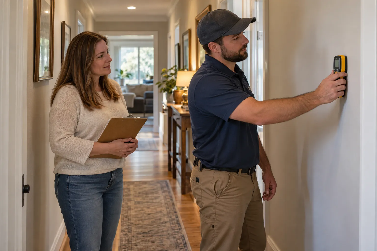 Provider checking moisture on a wall in a home in the Cincinnati area